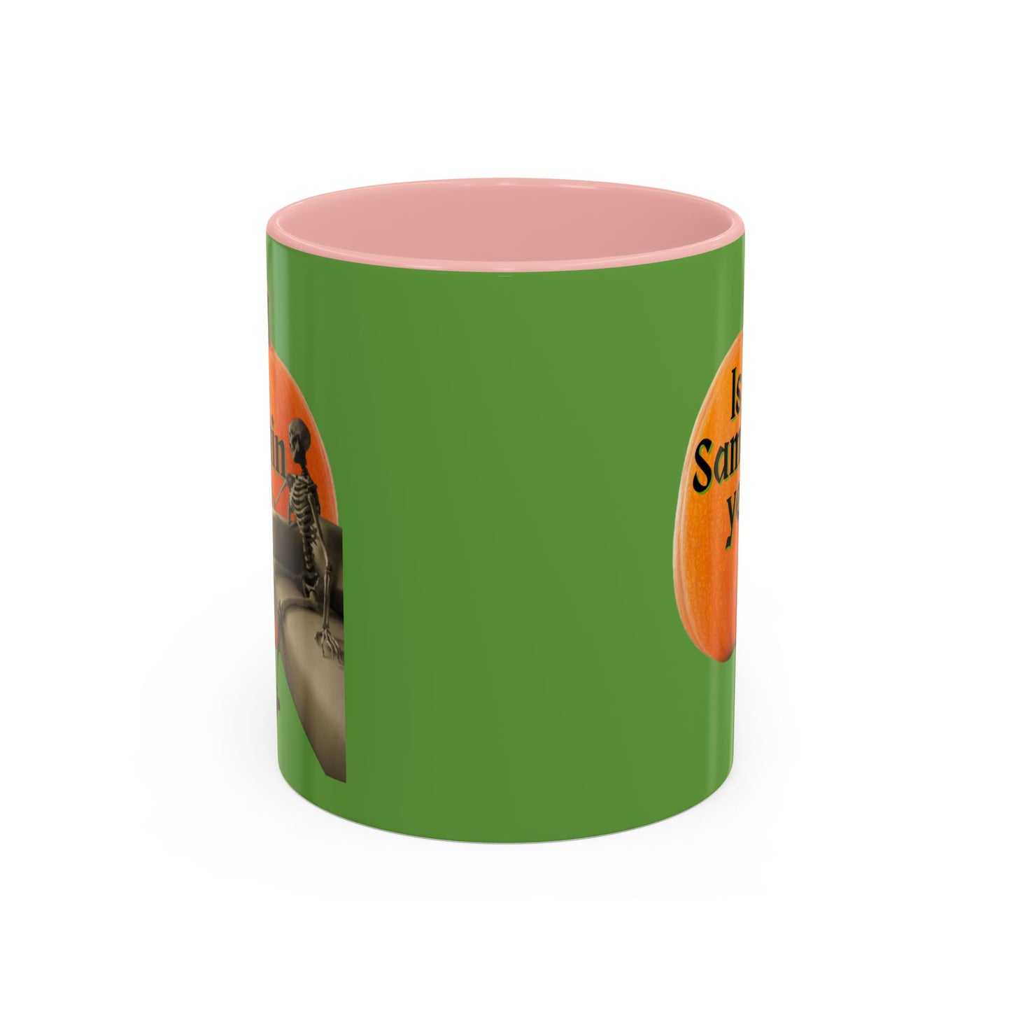 Is It Samhain Yet? Skeleton's Giant Pumpkin Green Accent Mug by CreepyCrafts.boo
