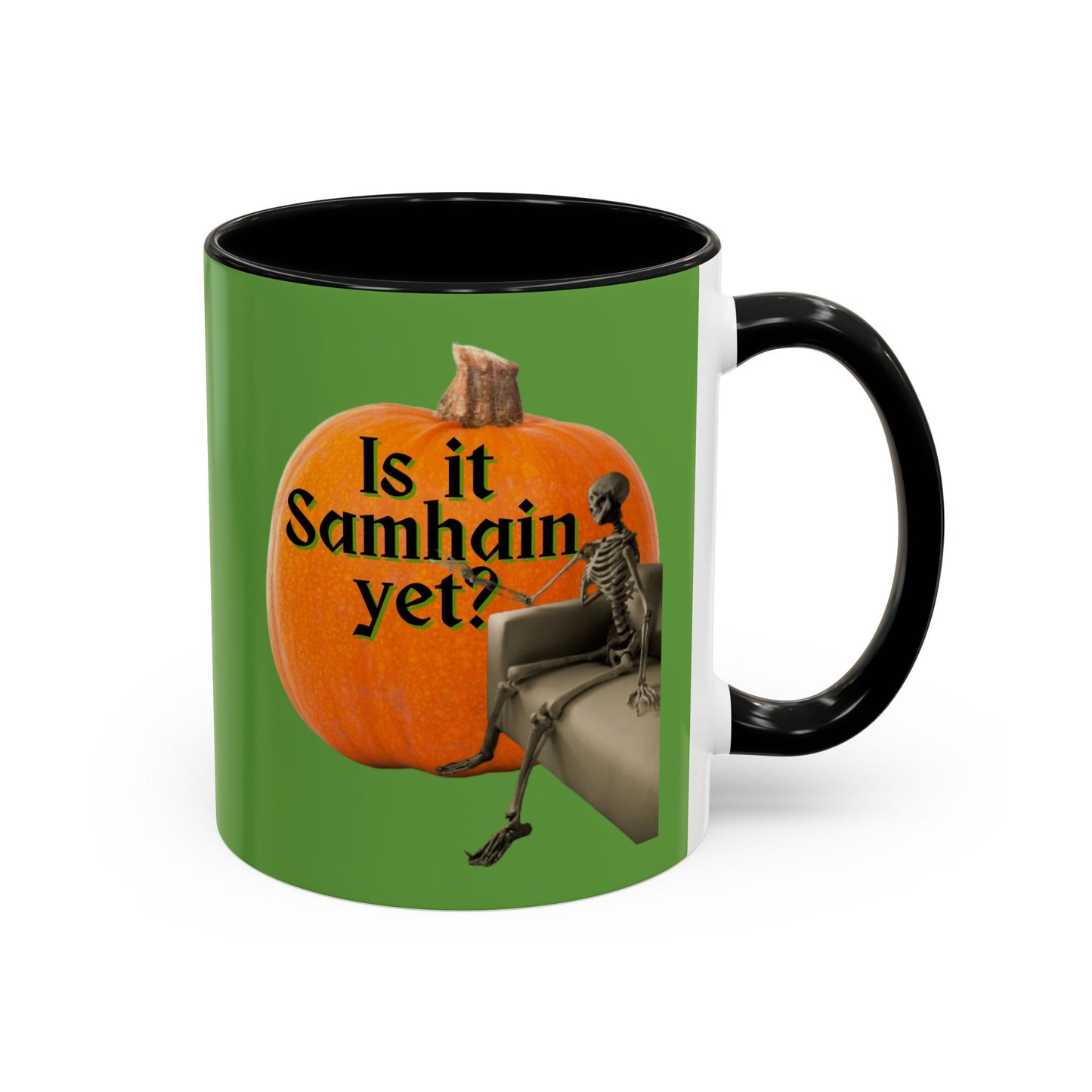 Is It Samhain Yet? Skeleton's Giant Pumpkin Green Accent Mug by CreepyCrafts.boo