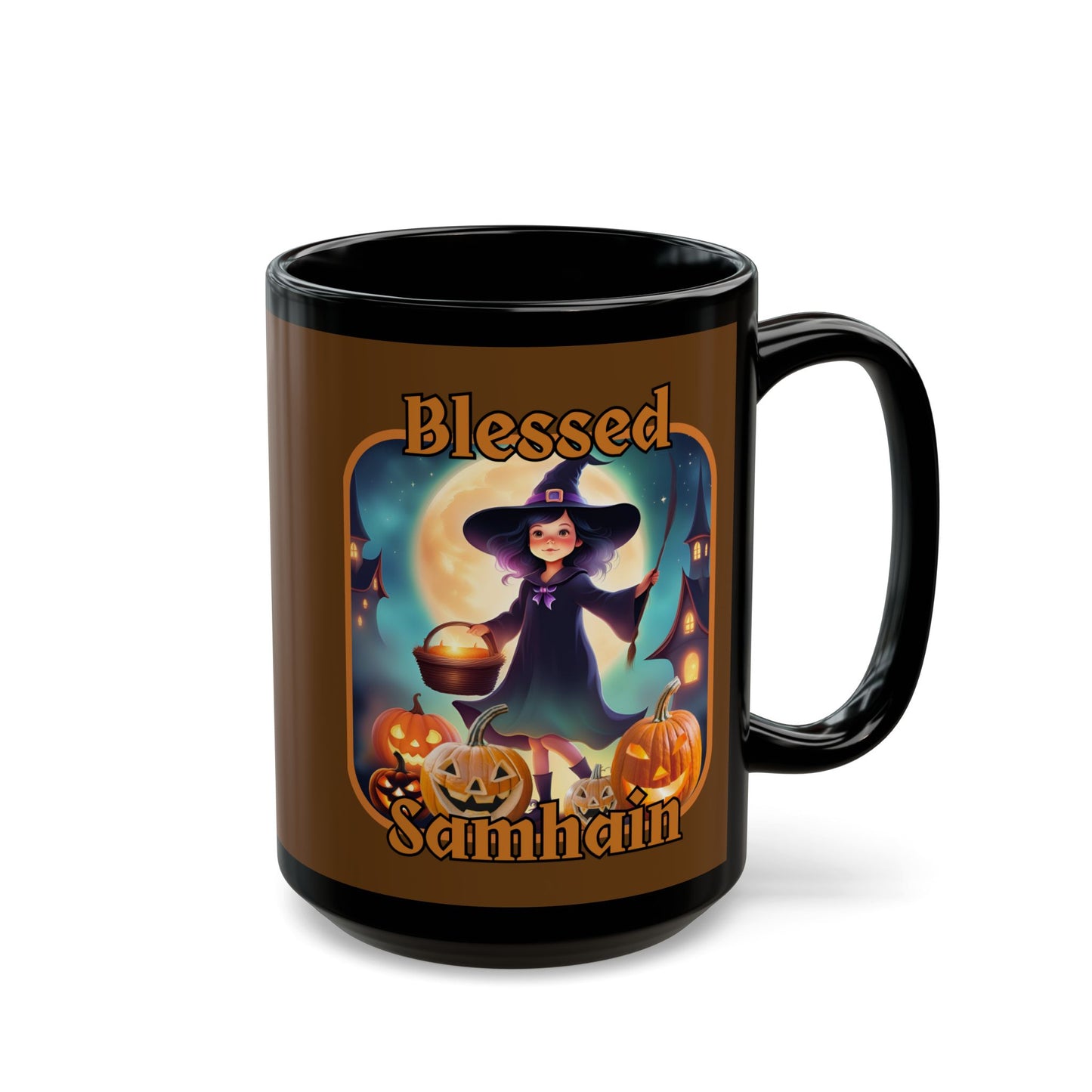 Blessed Samhain Little Witch Orange font Brown Mug by CreepyCrafts.boo