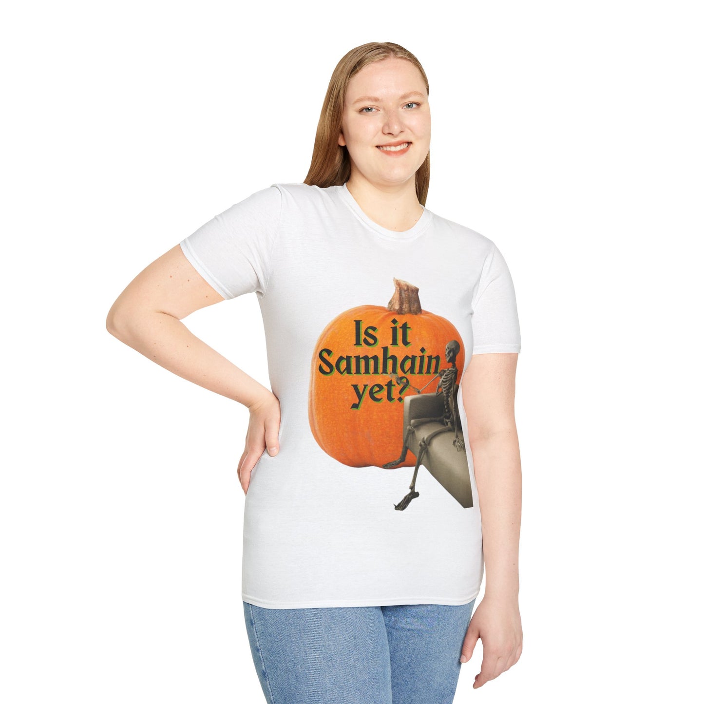Is It Samhain Yet? Skeleton's Giant Pumpkin Light colors Unisex T-Shirt by CreepyCrafts.boo