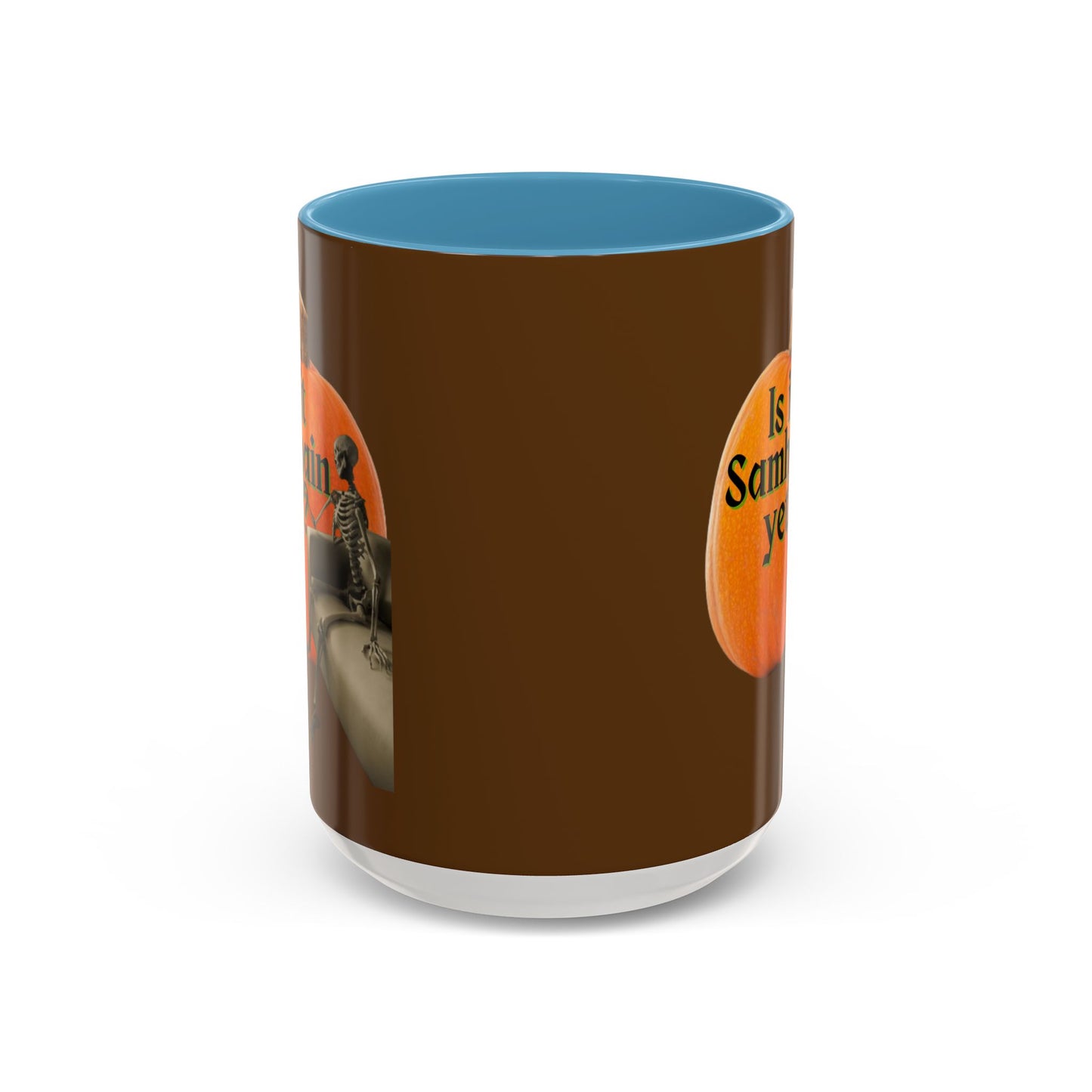 Is It Samhain Yet? Skeleton's Giant Pumpkin Brown Accent Mug by CreepyCrafts.boo