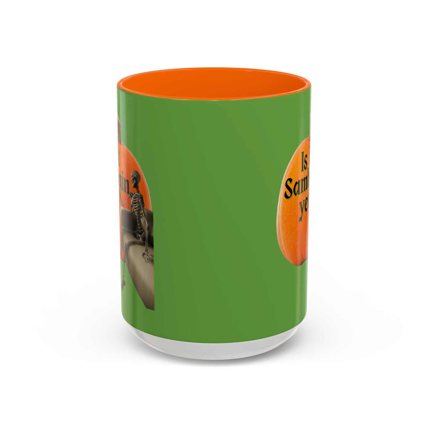 Is It Samhain Yet? Skeleton's Giant Pumpkin Green Accent Mug by CreepyCrafts.boo