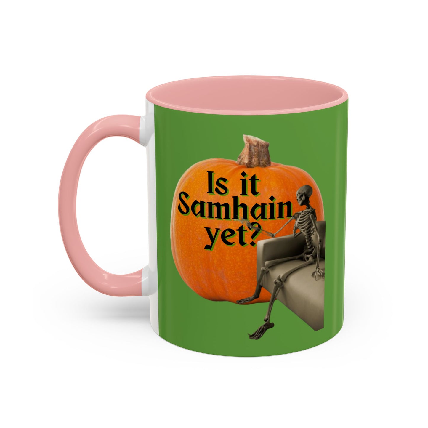 Is It Samhain Yet? Skeleton's Giant Pumpkin Green Accent Mug by CreepyCrafts.boo