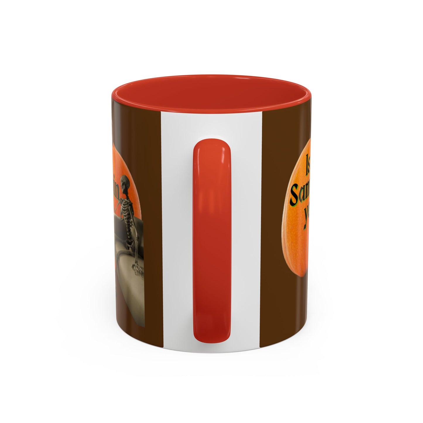 Is It Samhain Yet? Skeleton's Giant Pumpkin Brown Accent Mug by CreepyCrafts.boo