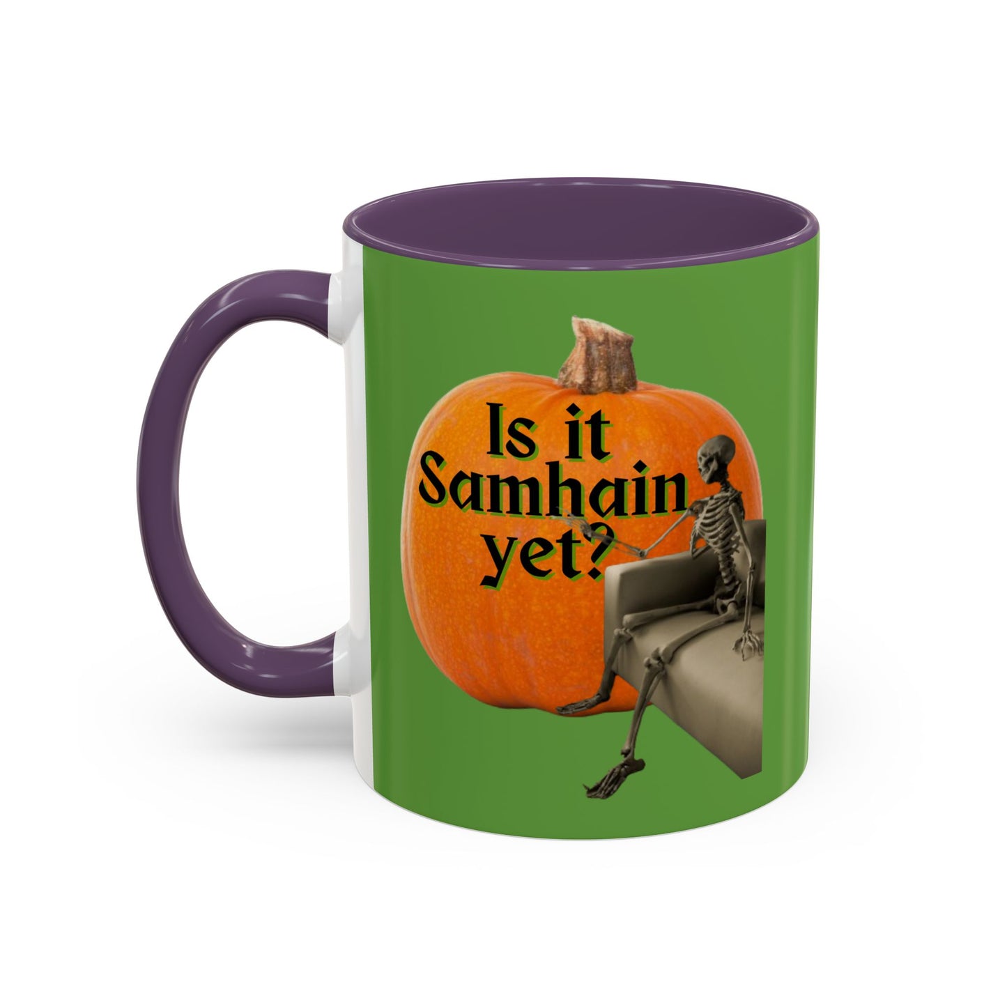 Is It Samhain Yet? Skeleton's Giant Pumpkin Green Accent Mug by CreepyCrafts.boo
