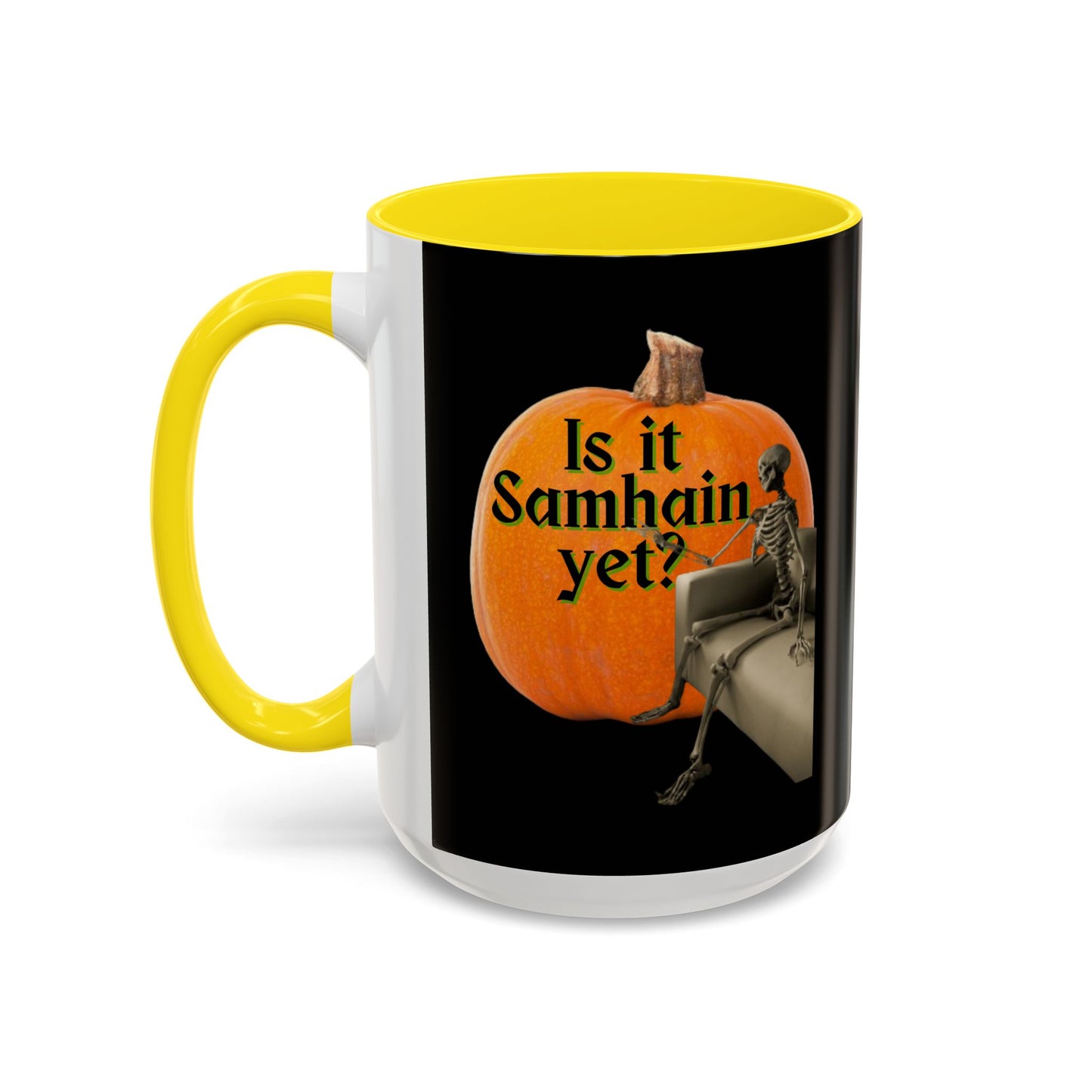 Is It Samhain Yet? Skeleton's Giant Pumpkin Black Accent Mug by CreepyCrafts.boo
