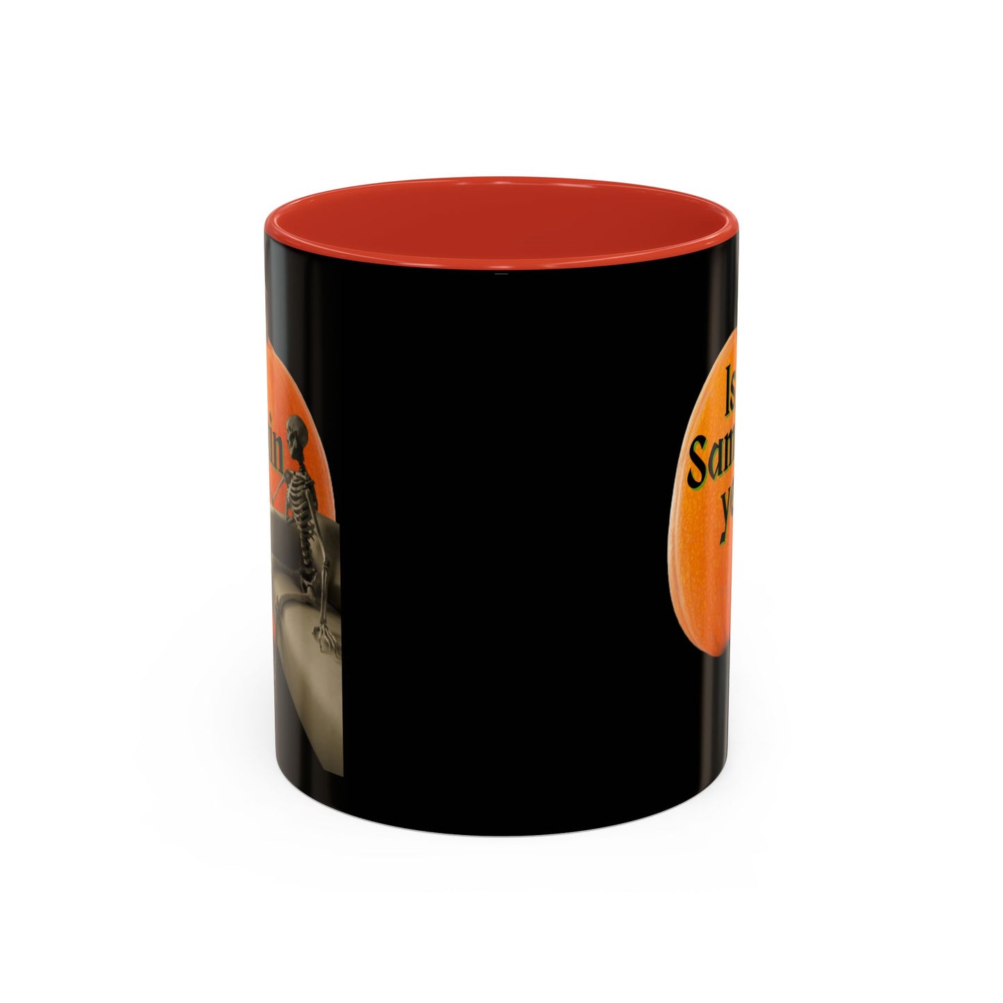 Is It Samhain Yet? Skeleton's Giant Pumpkin Black Accent Mug by CreepyCrafts.boo