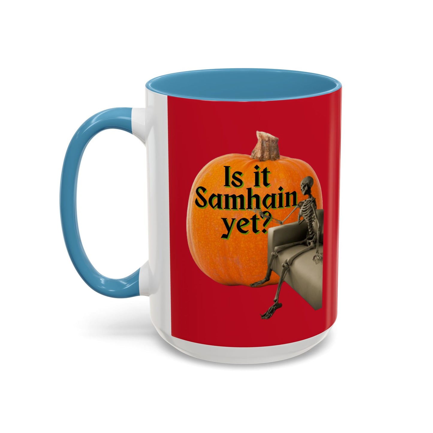 Is It Samhain Yet? Skeleton's Giant Pumpkin Red Accent Mug by CreepyCrafts.boo