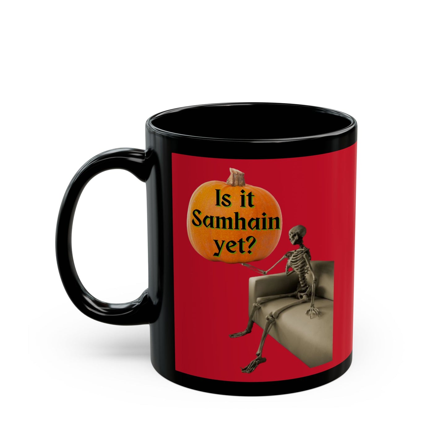 Is it Samhain yet? Skeleton's Pumpkin Red Mug by CreepyCrafts.boo