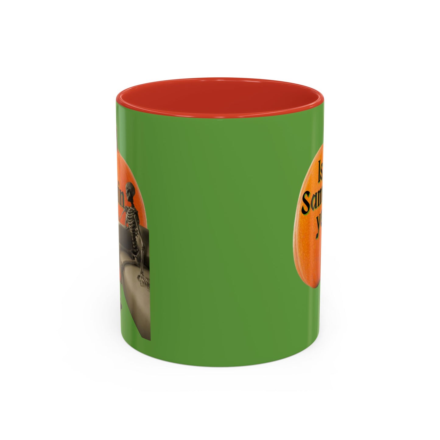 Is It Samhain Yet? Skeleton's Giant Pumpkin Green Accent Mug by CreepyCrafts.boo