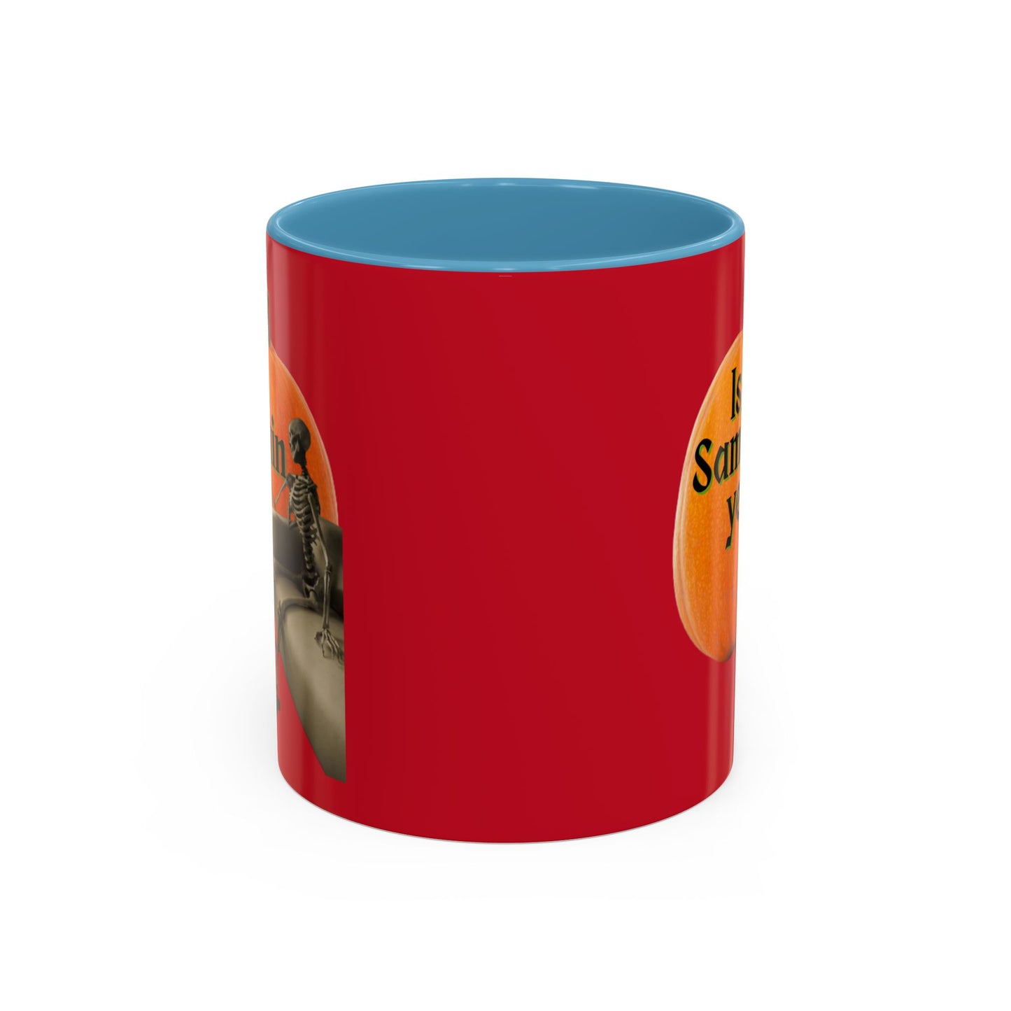 Is It Samhain Yet? Skeleton's Giant Pumpkin Red Accent Mug by CreepyCrafts.boo