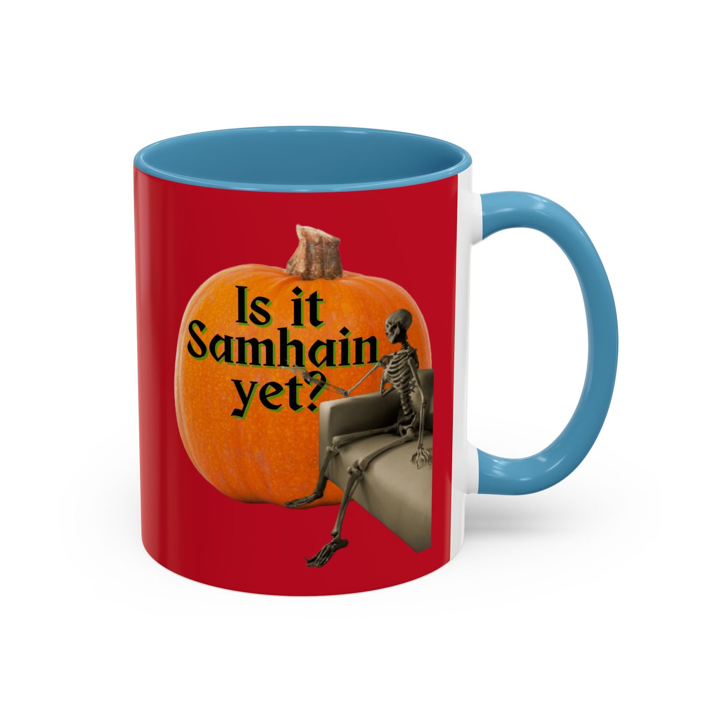 Is It Samhain Yet? Skeleton's Giant Pumpkin Red Accent Mug by CreepyCrafts.boo