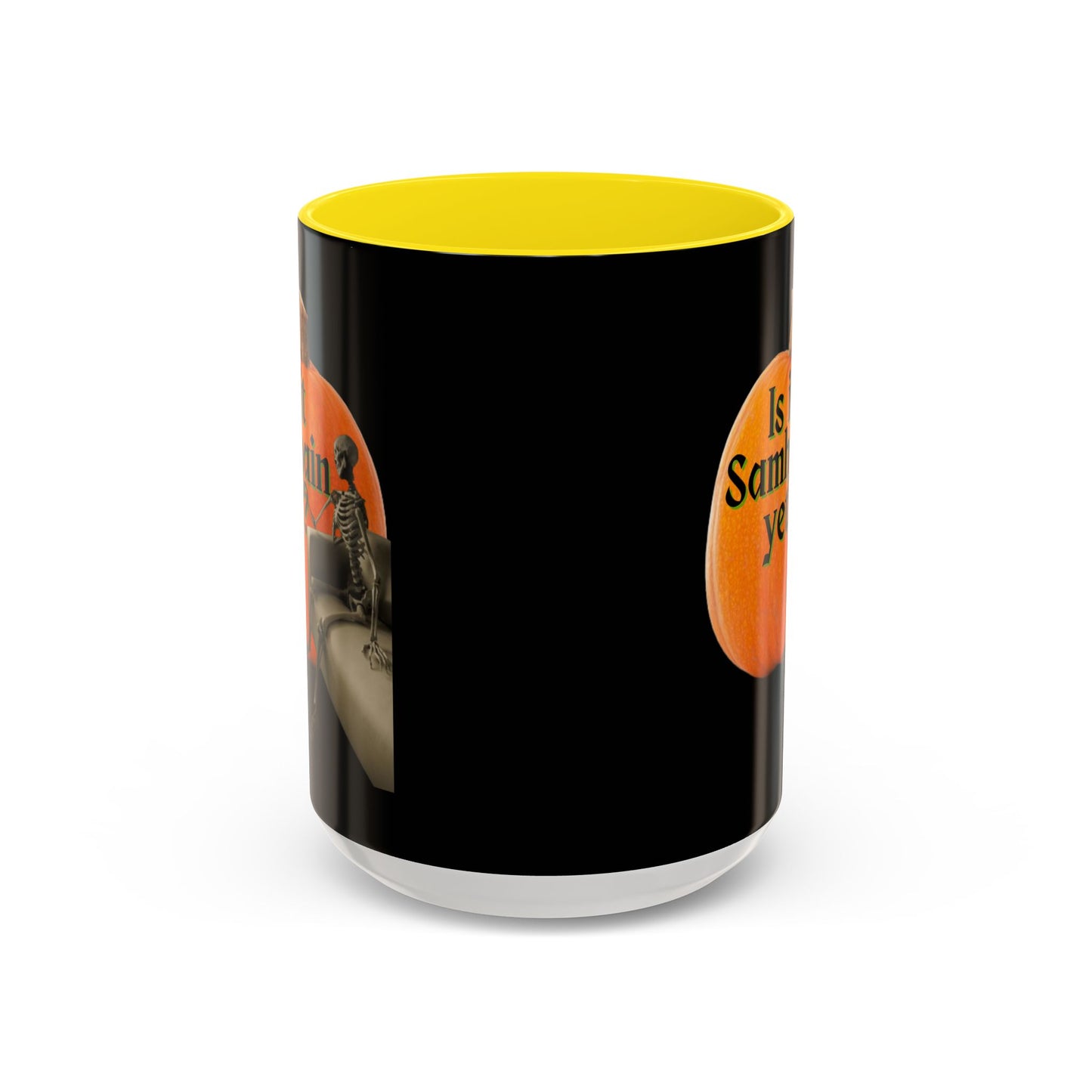 Is It Samhain Yet? Skeleton's Giant Pumpkin Black Accent Mug by CreepyCrafts.boo