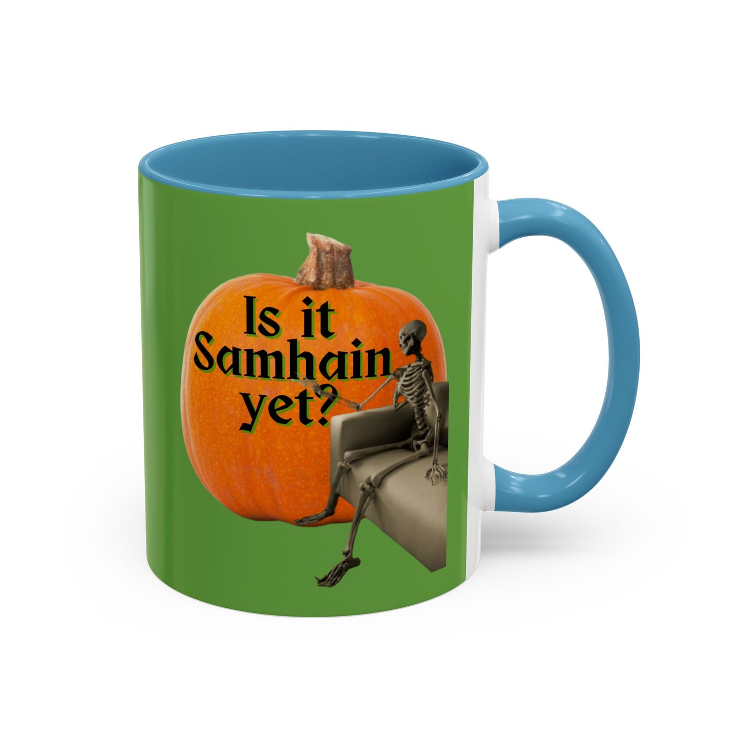 Is It Samhain Yet? Skeleton's Giant Pumpkin Green Accent Mug by CreepyCrafts.boo
