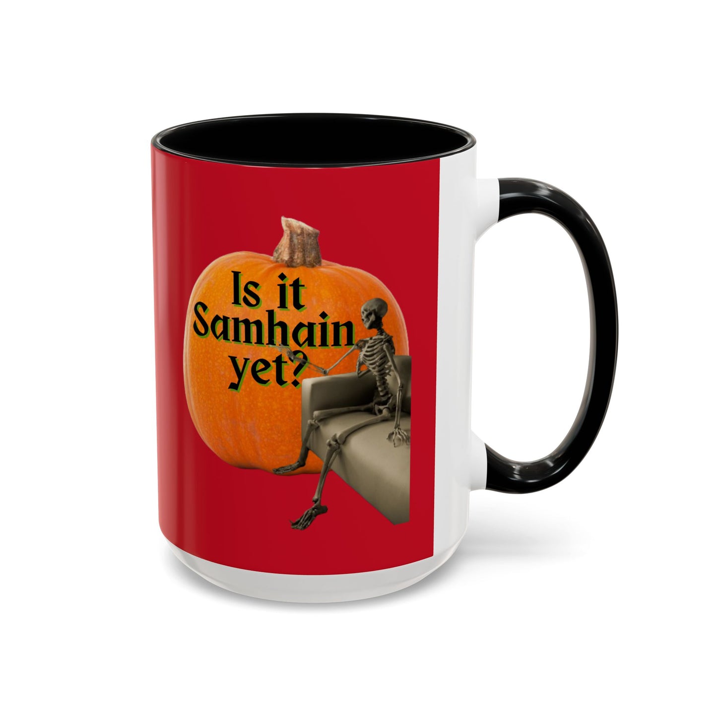 Is It Samhain Yet? Skeleton's Giant Pumpkin Red Accent Mug by CreepyCrafts.boo