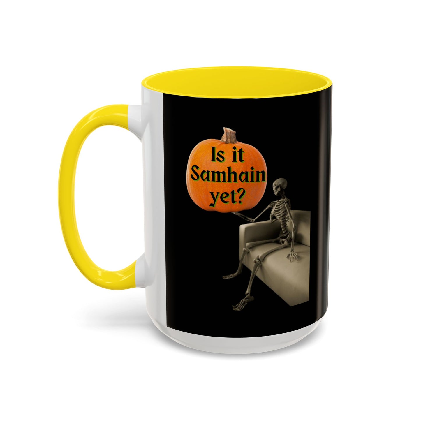 Is it Samhain yet? Skeleton's Pumpkin Black Accent Mug by CreepyCrafts.boo