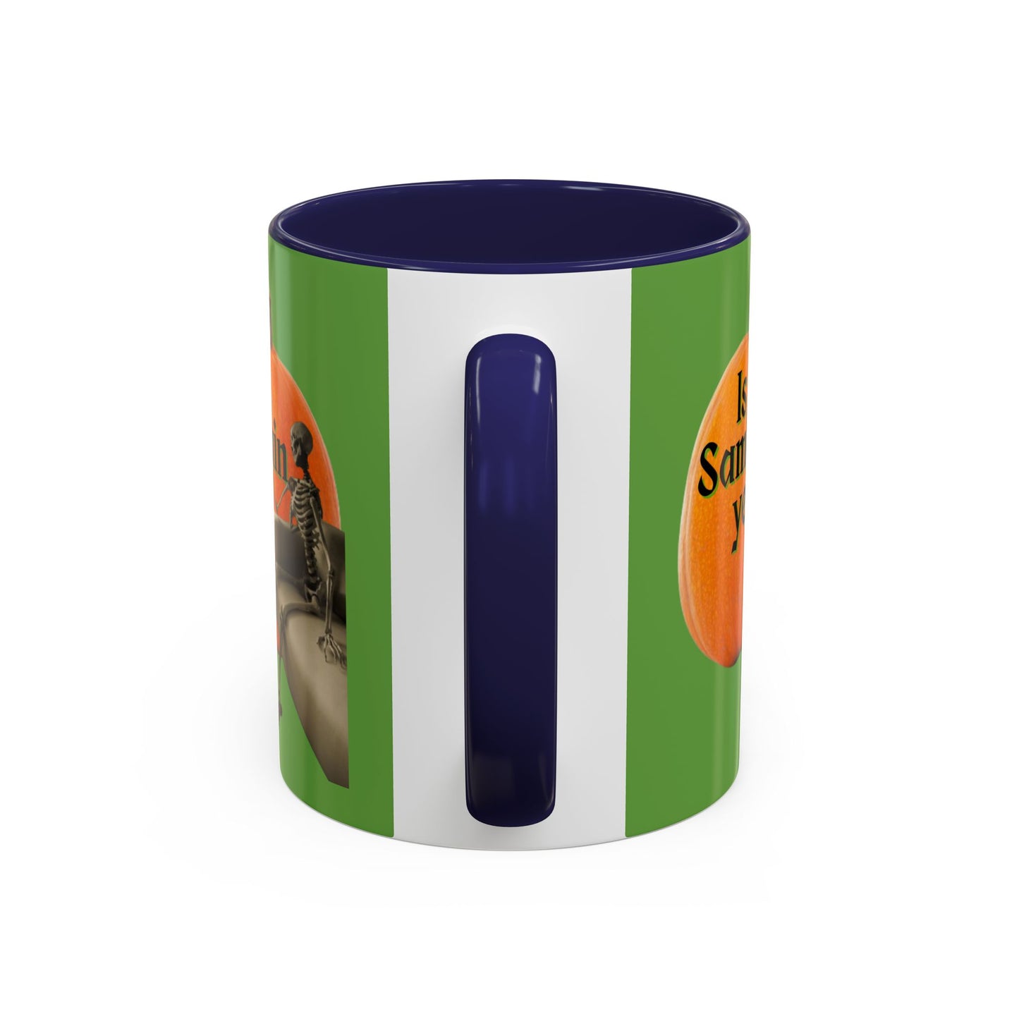 Is It Samhain Yet? Skeleton's Giant Pumpkin Green Accent Mug by CreepyCrafts.boo