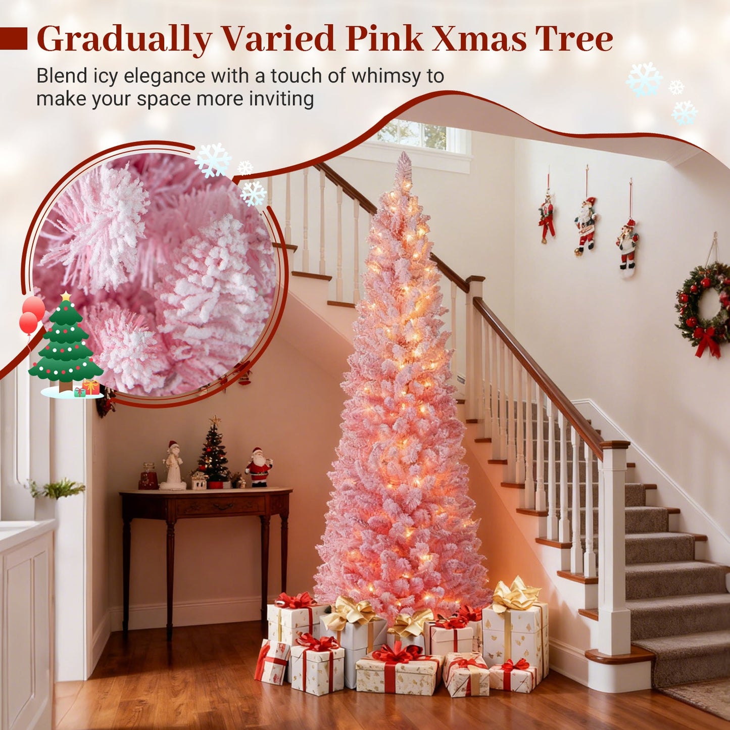 6 FTSnow-flocked Artificial Pink Christmas Tree Pre-lit Hinged Xmas Tree for Holiday Decoration