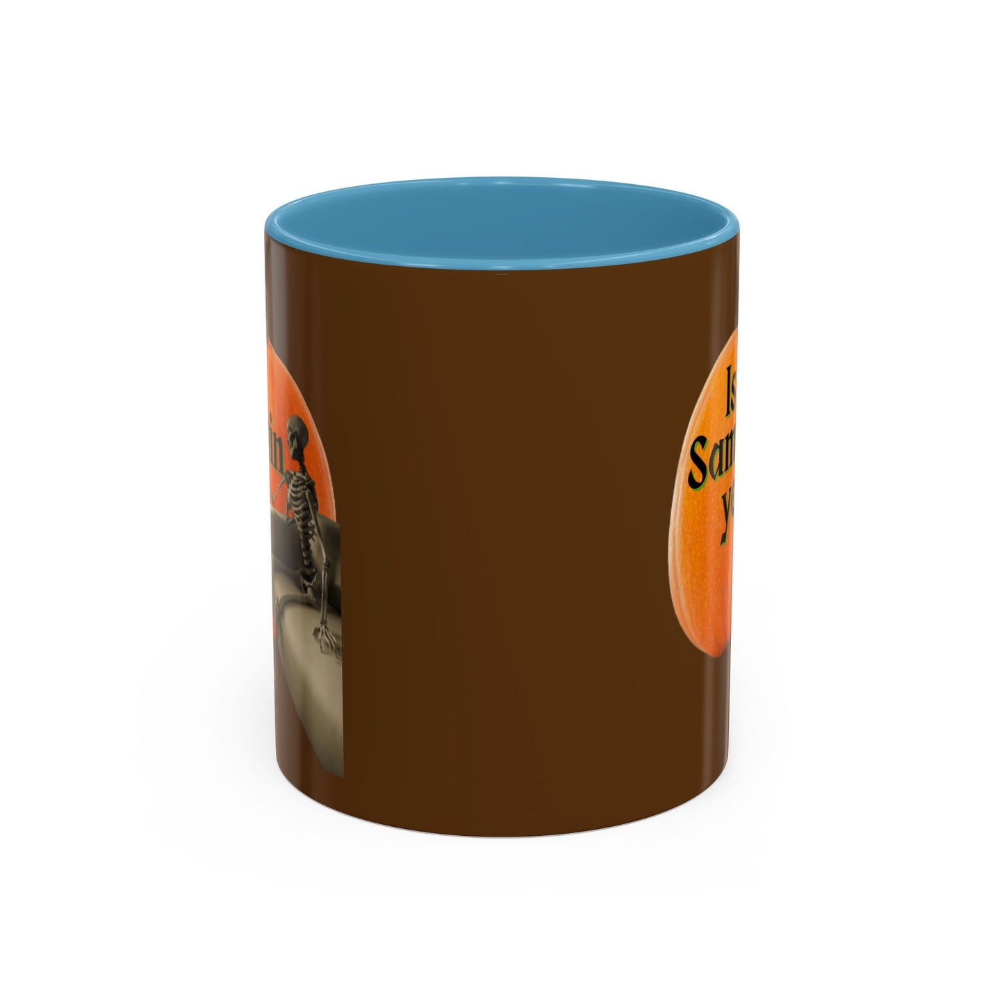 Is It Samhain Yet? Skeleton's Giant Pumpkin Brown Accent Mug by CreepyCrafts.boo