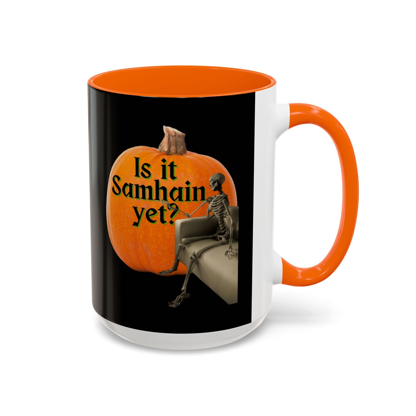 Is It Samhain Yet? Skeleton's Giant Pumpkin Black Accent Mug by CreepyCrafts.boo