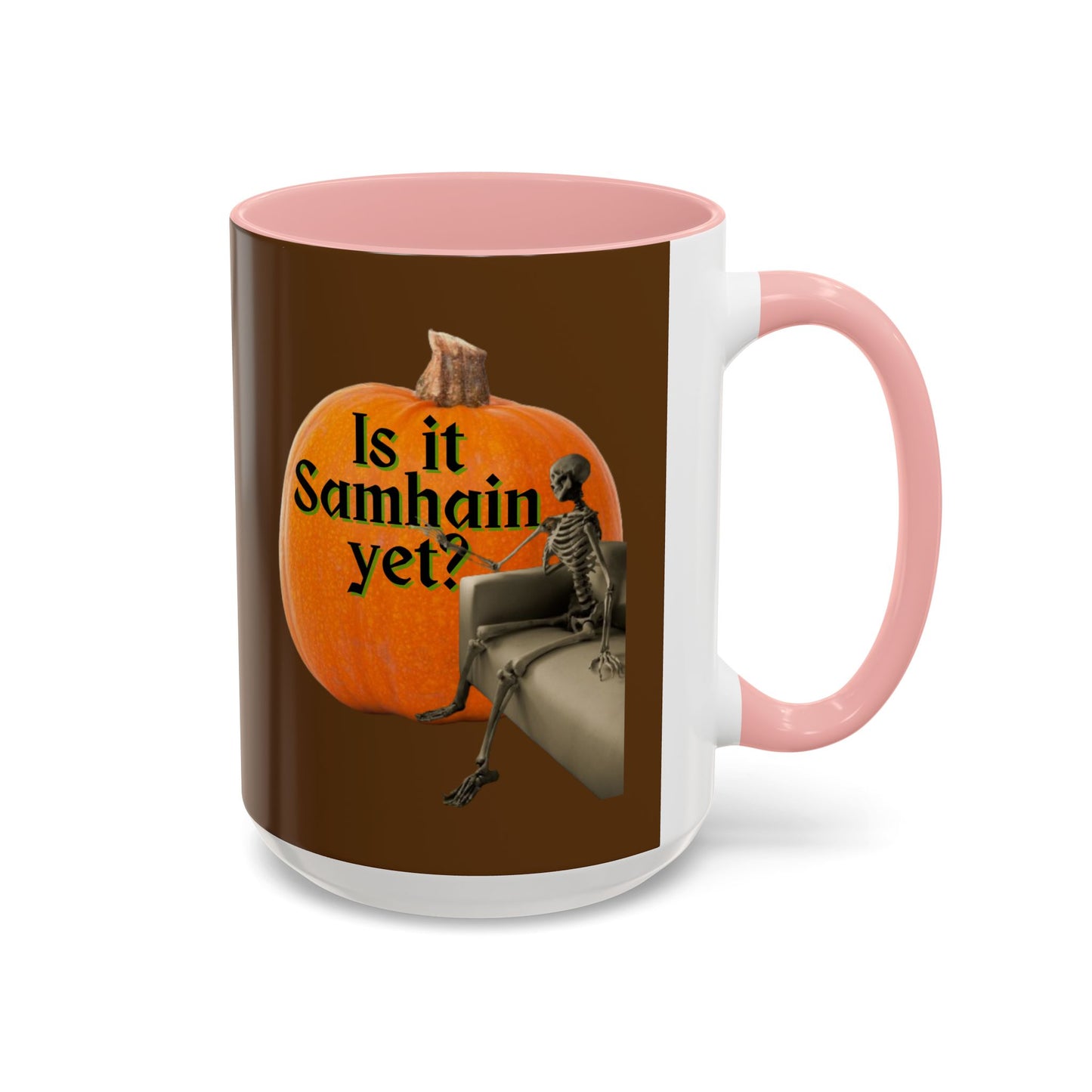 Is It Samhain Yet? Skeleton's Giant Pumpkin Brown Accent Mug by CreepyCrafts.boo