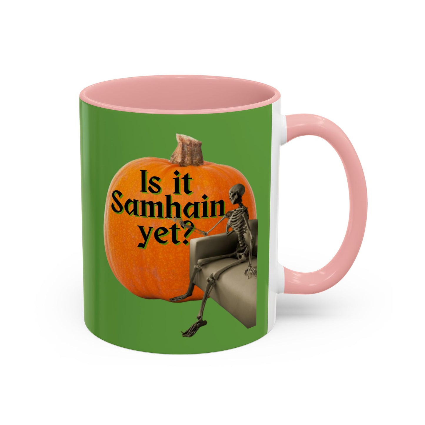 Is It Samhain Yet? Skeleton's Giant Pumpkin Green Accent Mug by CreepyCrafts.boo