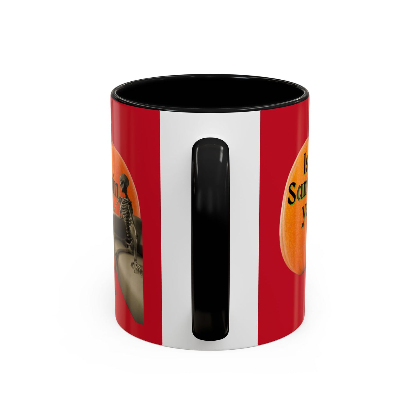 Is It Samhain Yet? Skeleton's Giant Pumpkin Red Accent Mug by CreepyCrafts.boo