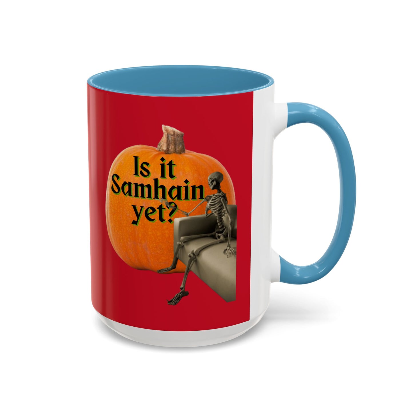 Is It Samhain Yet? Skeleton's Giant Pumpkin Red Accent Mug by CreepyCrafts.boo