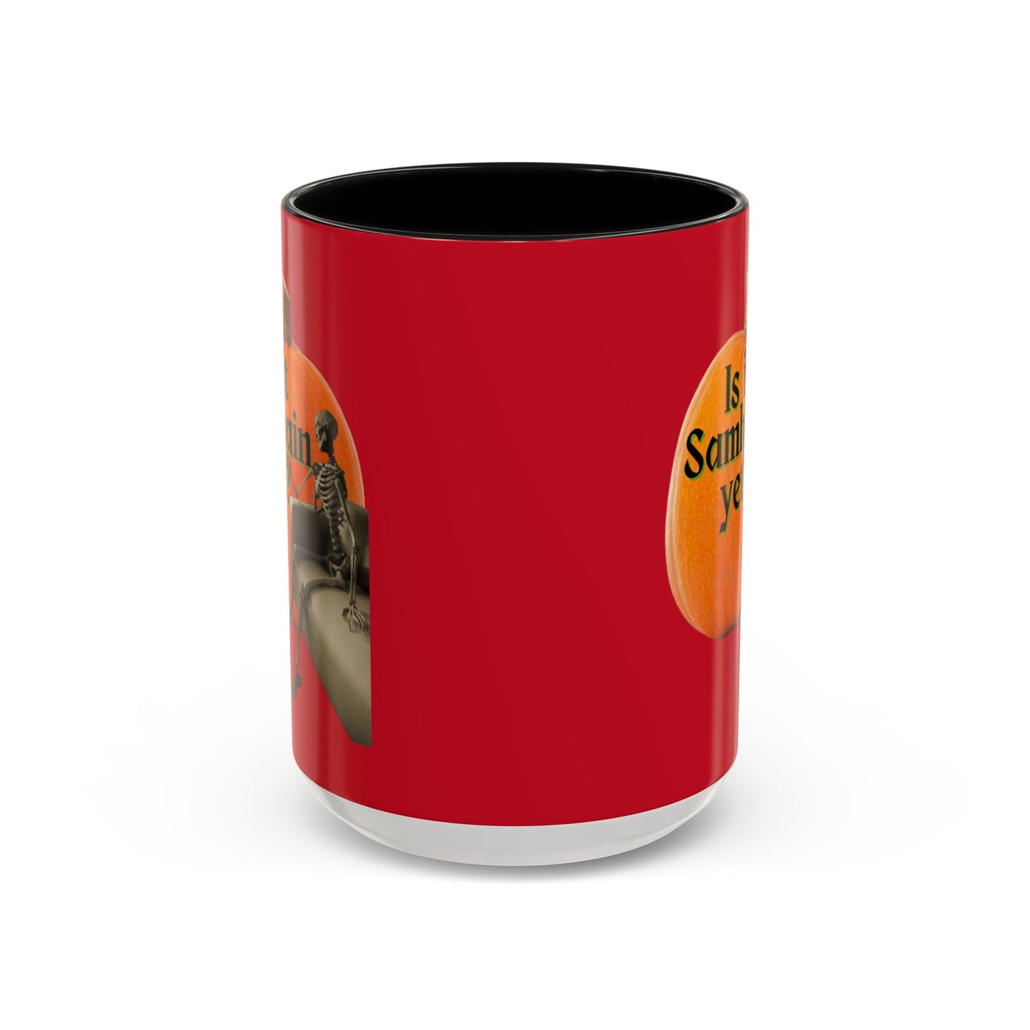 Is It Samhain Yet? Skeleton's Giant Pumpkin Red Accent Mug by CreepyCrafts.boo