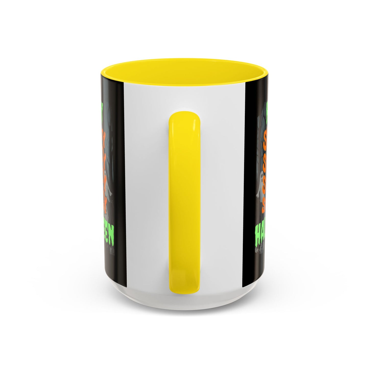 Spooky Happy Halloween Ghost Green font Black Accent Mug by CreepyCrafts.boo