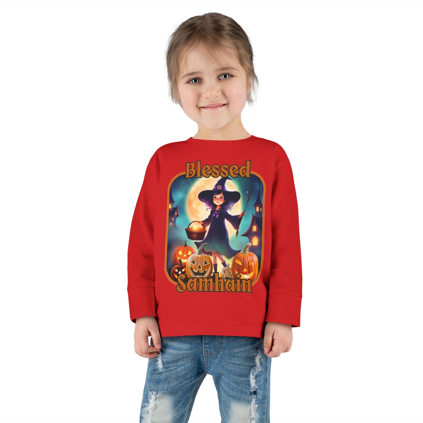 Blessed Samhain Little Witch Orange font Toddler Long Sleeve Tee by CreepyCrafts.boo