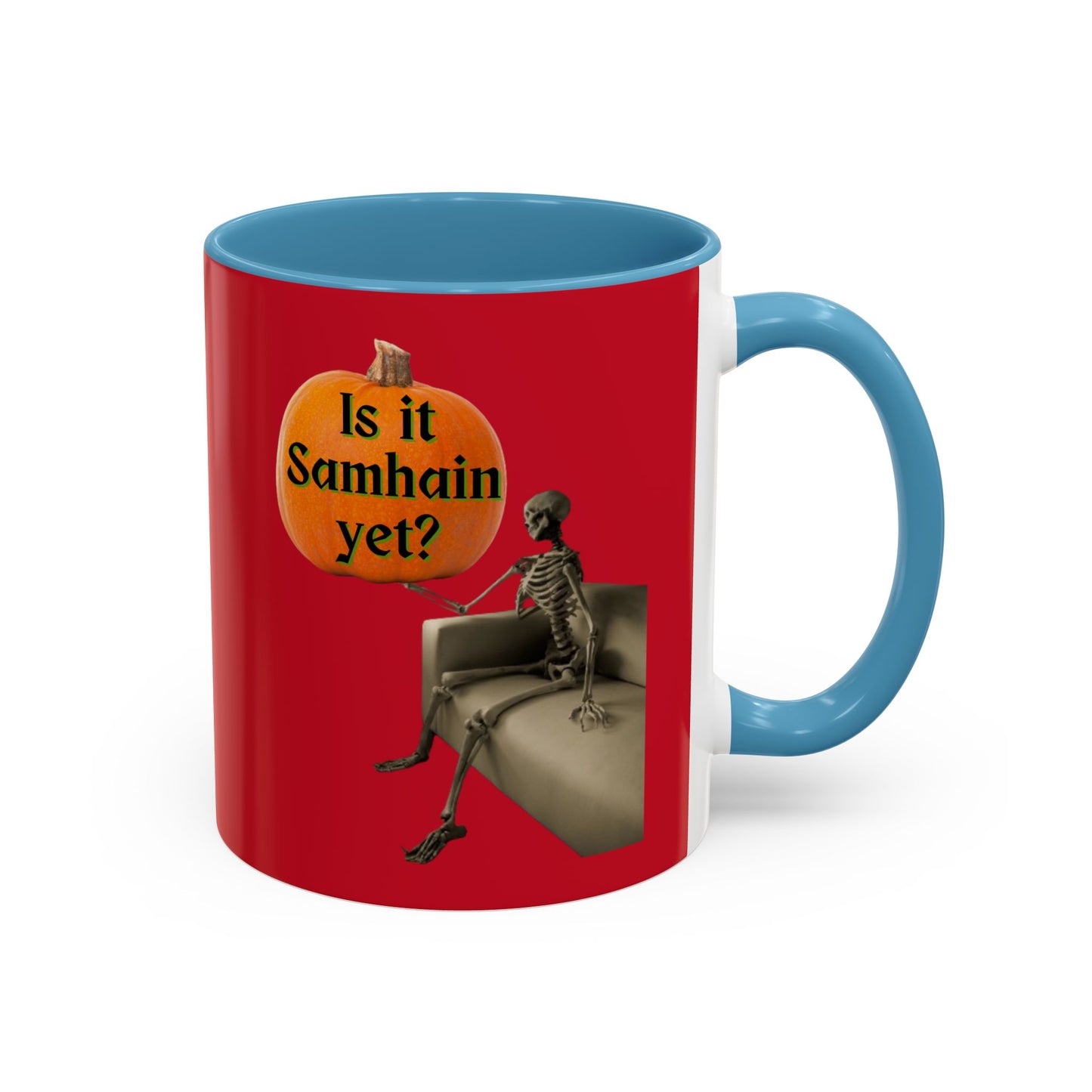 Is it Samhain yet? Skeleton's Pumpkin Red Accent Mug by CreepyCrafts.boo