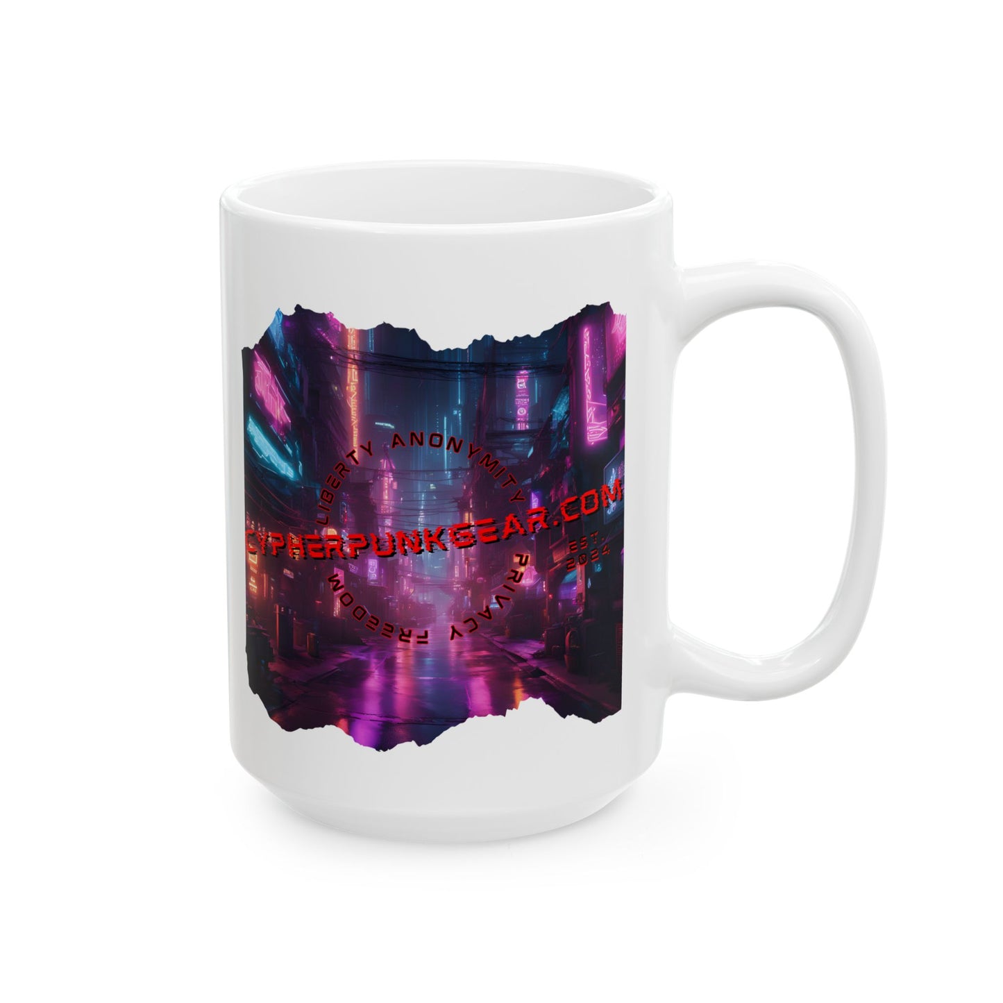 2-sided, cypherpunkgear.com Logo & Cityscape White Mug by cypherpunkgear.com