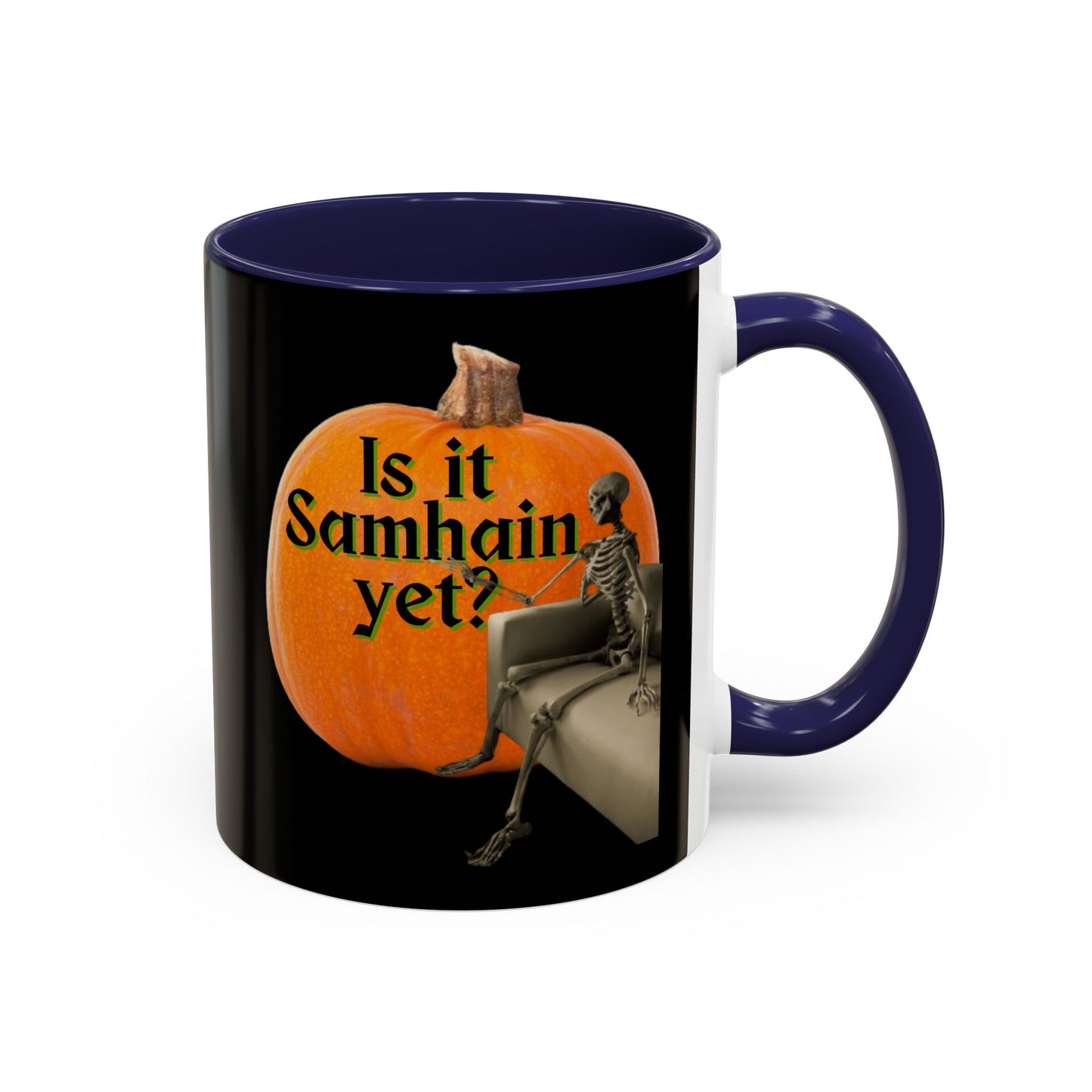 Is It Samhain Yet? Skeleton's Giant Pumpkin Black Accent Mug by CreepyCrafts.boo
