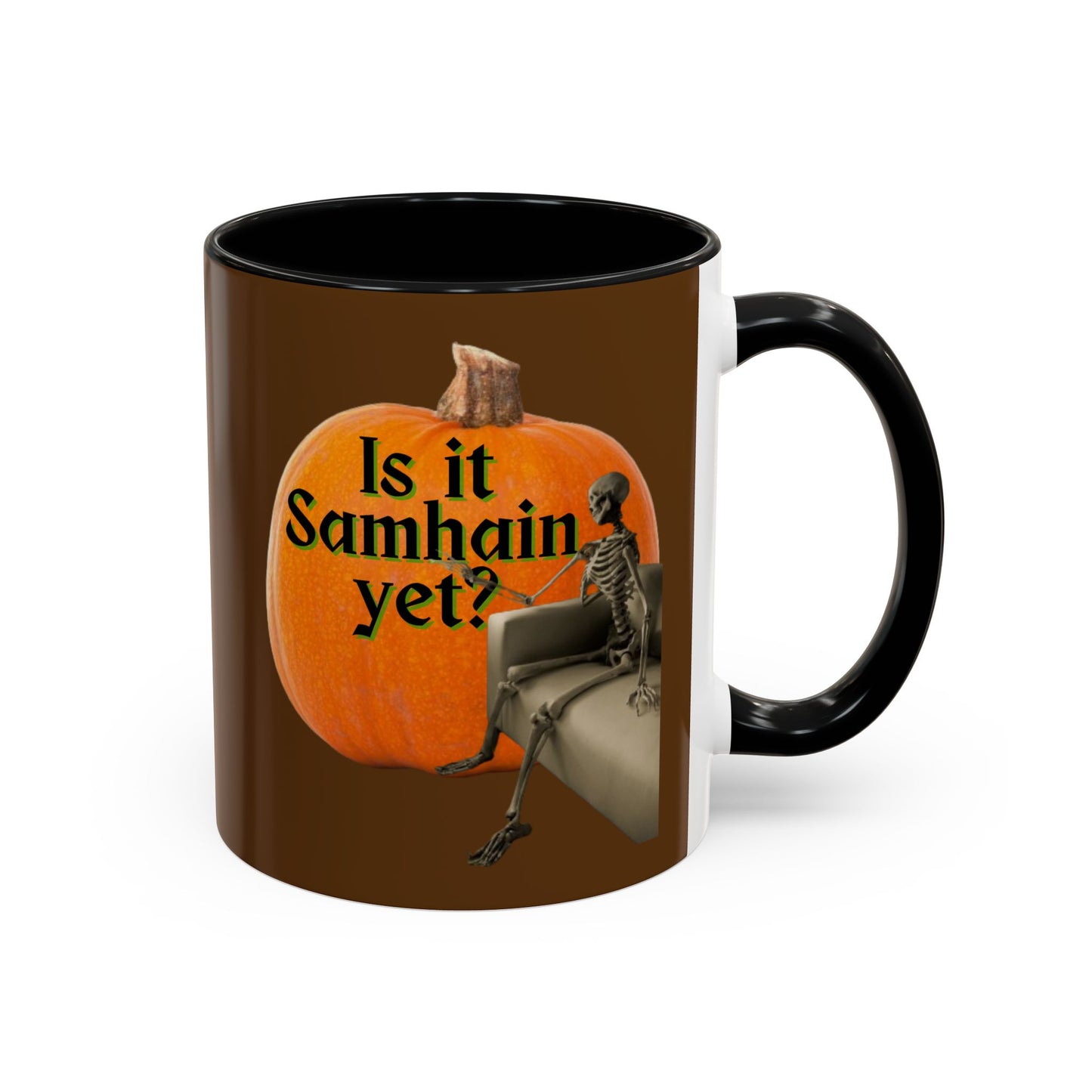 Is It Samhain Yet? Skeleton's Giant Pumpkin Brown Accent Mug by CreepyCrafts.boo