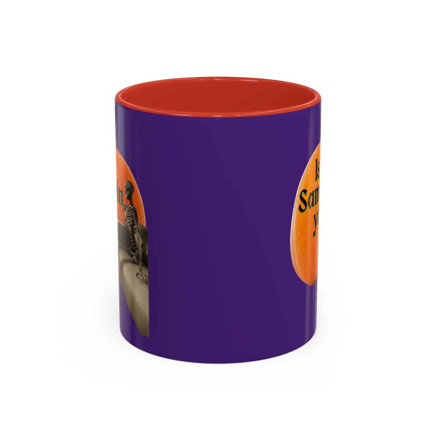 Is It Samhain Yet? Skeleton's Giant Pumpkin Purple Accent Mug by CreepyCrafts.boo