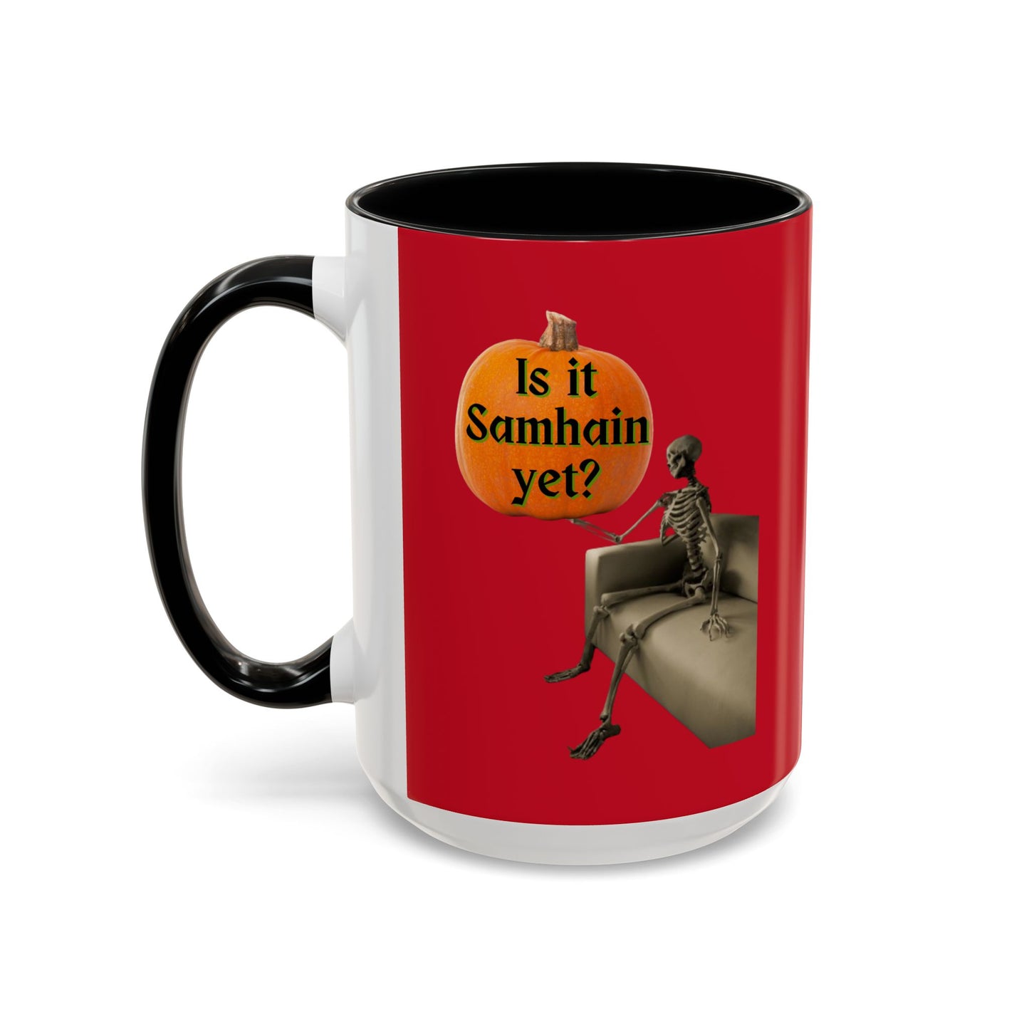 Is it Samhain yet? Skeleton's Pumpkin Red Accent Mug by CreepyCrafts.boo