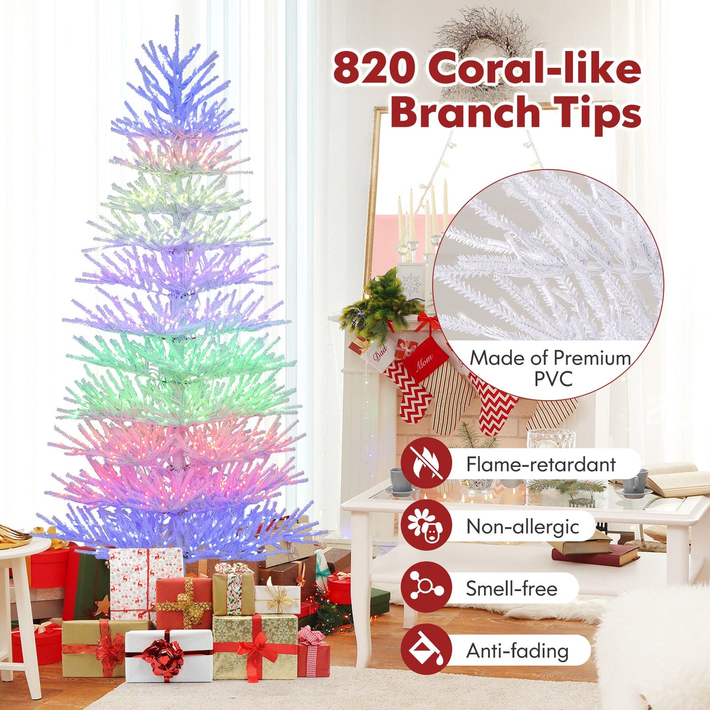 7 FT Artificial Pre-lit Christmas Tree Hinged Xmas Tree with 820 Coral-like Branch Tips