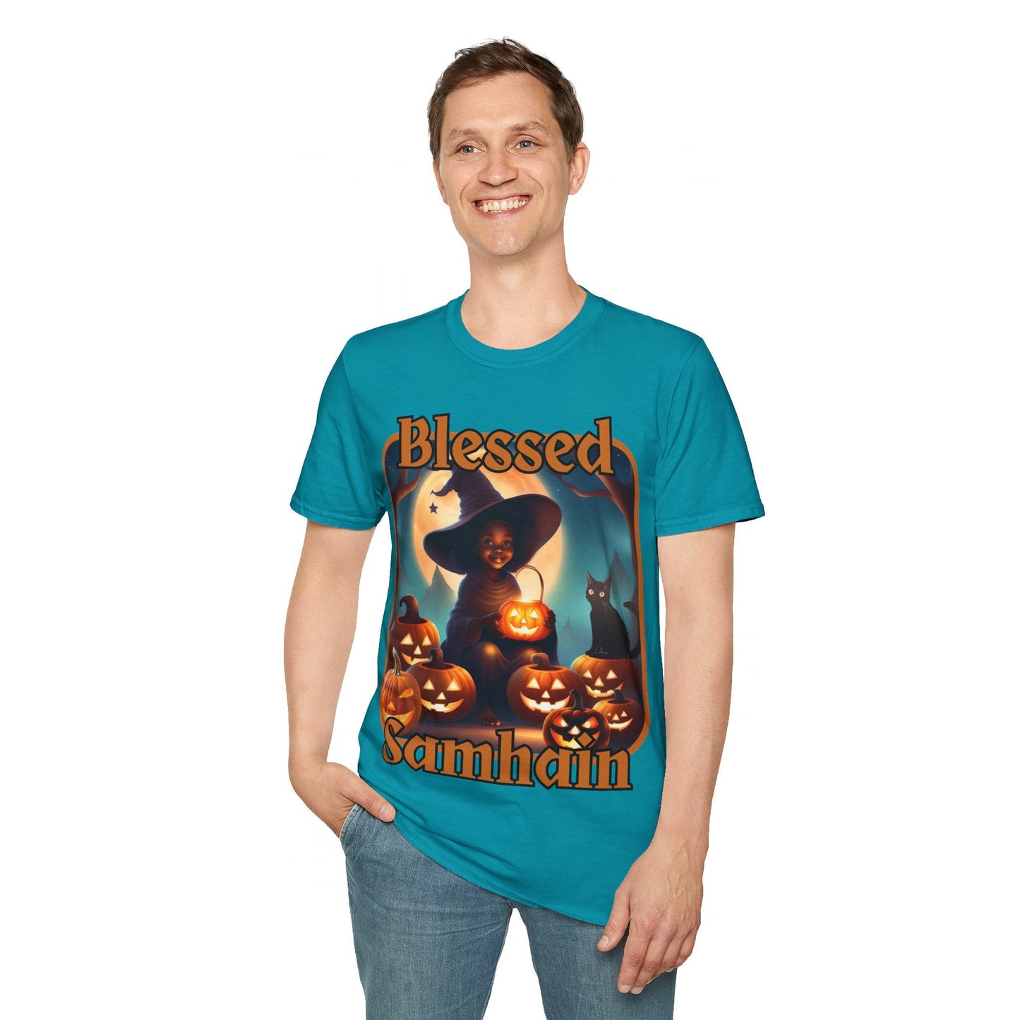 Blessed Samhain Cute Witch ORfont DKcolors Unisex T-Shirt by cypherpunkgear – cypherpunkgear.com | Cypherpunk Merch