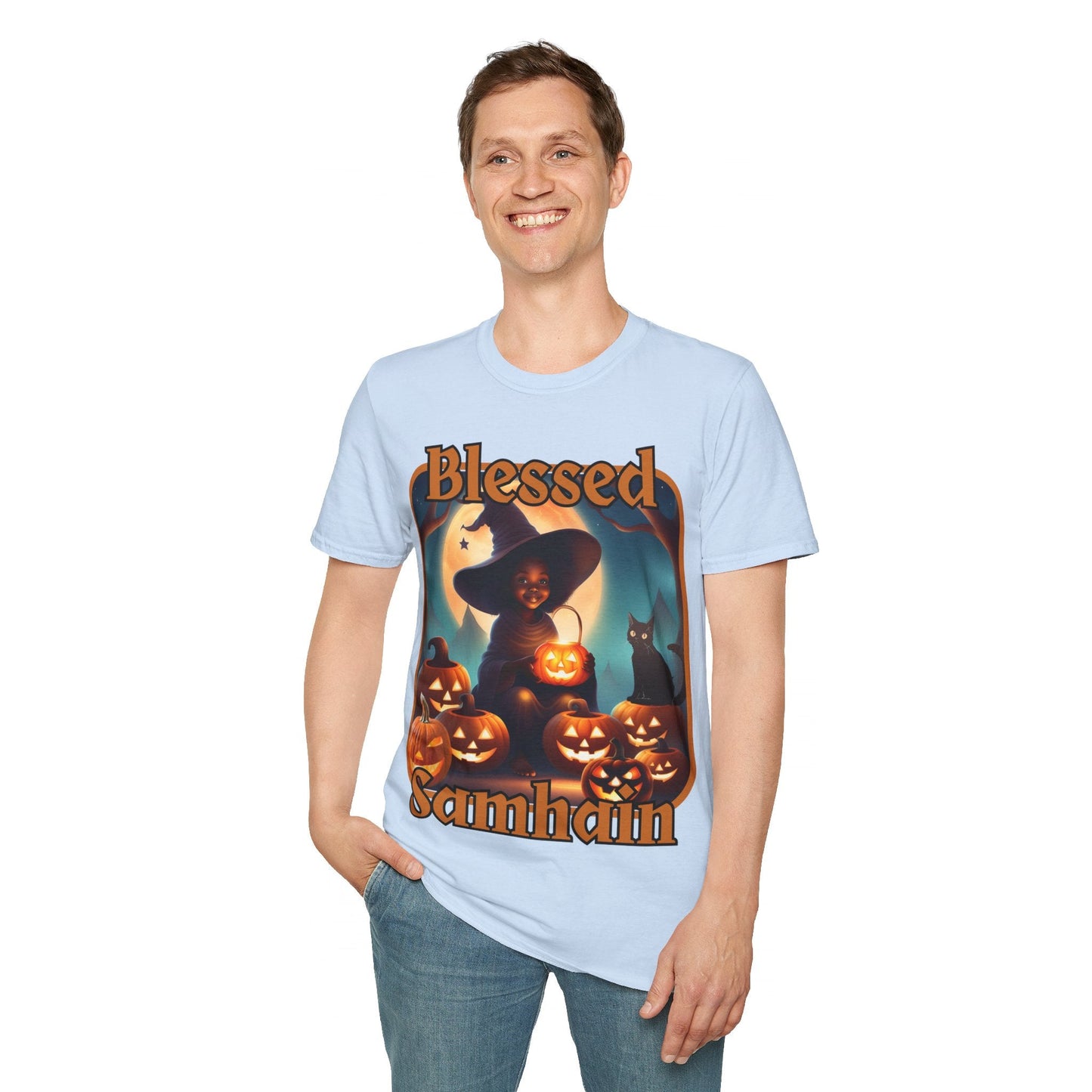 Blessed Samhain Cute Witch ORfont LTcolors Unisex T-Shirt by cypherpunkgear – cypherpunkgear.com | Cypherpunk Merch