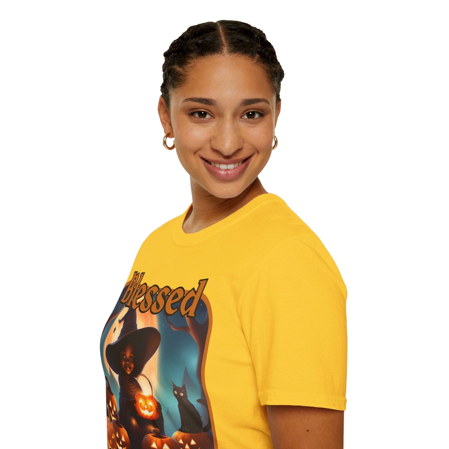Blessed Samhain Cute Witch ORfont LTcolors Unisex T-Shirt by cypherpunkgear – cypherpunkgear.com | Cypherpunk Merch