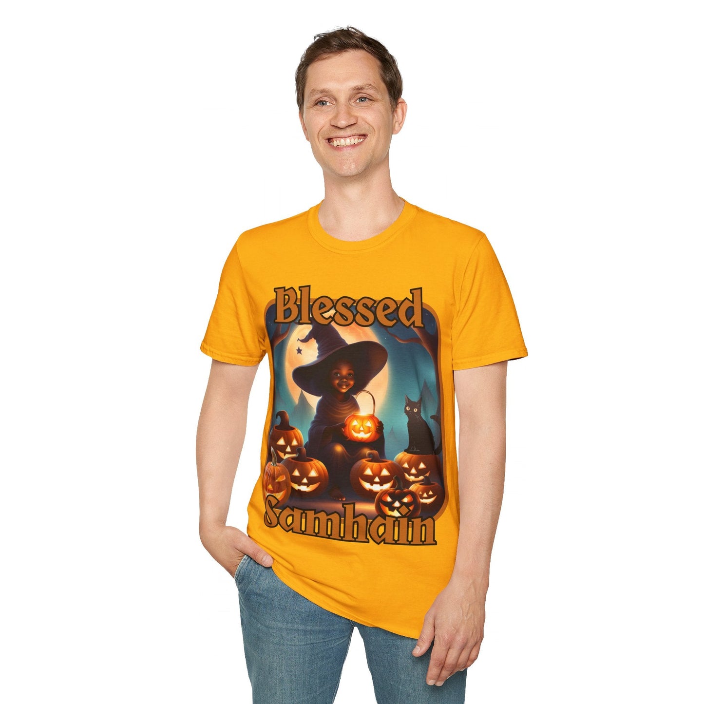 Blessed Samhain Cute Witch ORfont LTcolors Unisex T-Shirt by cypherpunkgear – cypherpunkgear.com | Cypherpunk Merch