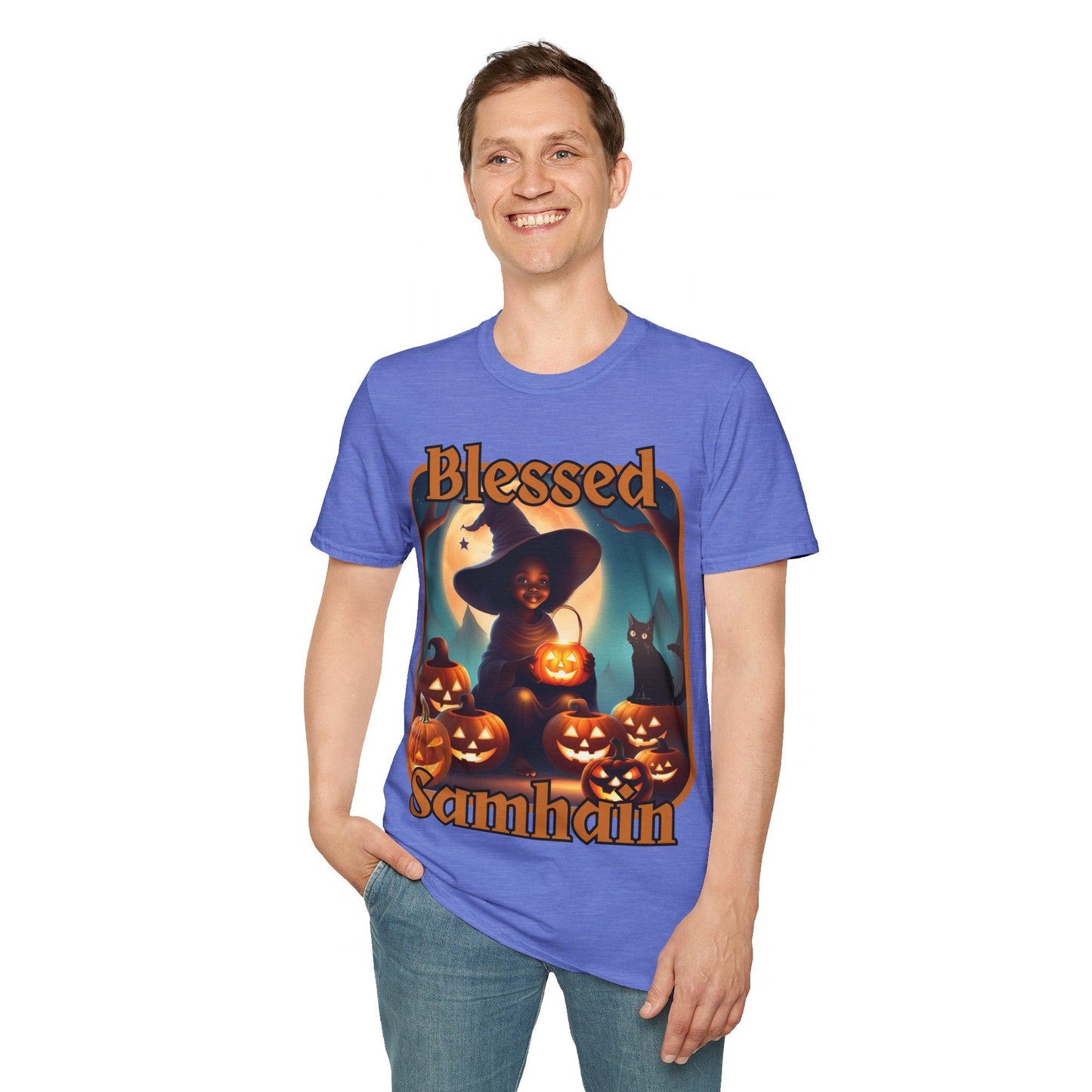 Blessed Samhain Cute Witch ORfont LTcolors Unisex T-Shirt by cypherpunkgear – cypherpunkgear.com | Cypherpunk Merch