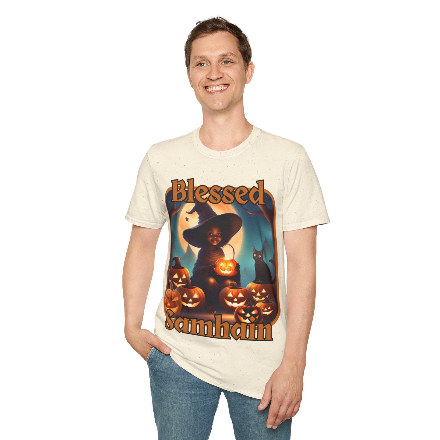 Blessed Samhain Cute Witch ORfont LTcolors Unisex T-Shirt by cypherpunkgear – cypherpunkgear.com | Cypherpunk Merch