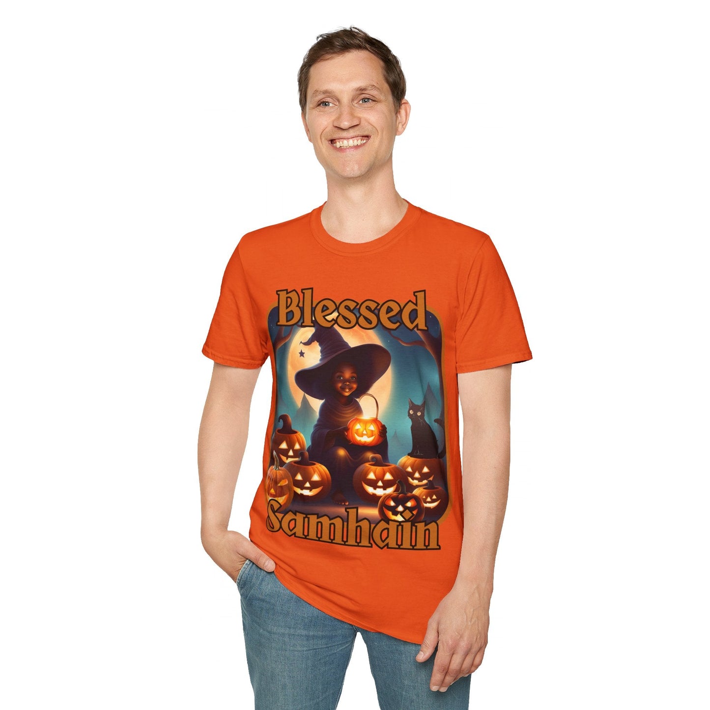 Blessed Samhain Cute Witch ORfont LTcolors Unisex T-Shirt by cypherpunkgear – cypherpunkgear.com | Cypherpunk Merch