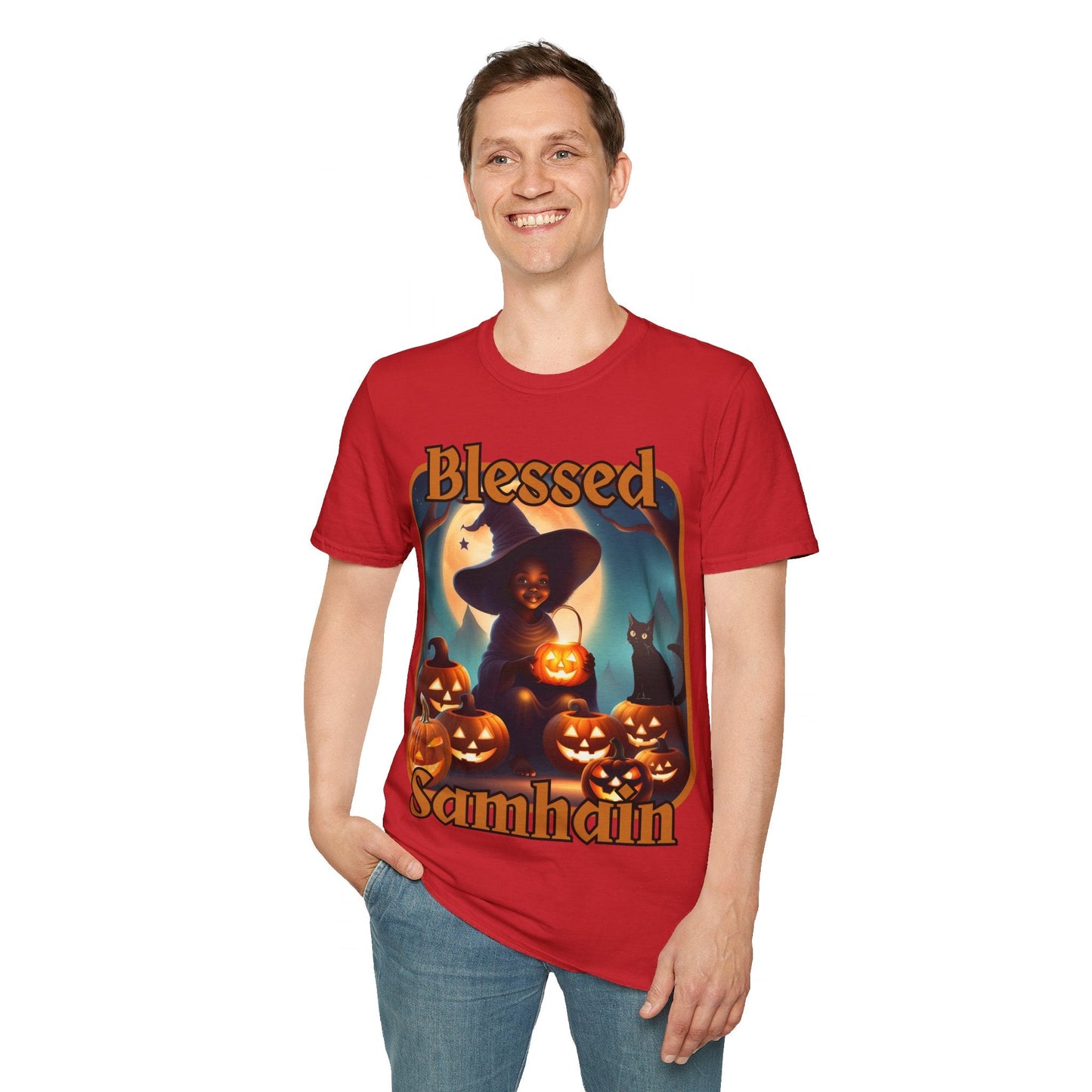 Blessed Samhain Cute Witch ORfont LTcolors Unisex T-Shirt by cypherpunkgear – cypherpunkgear.com | Cypherpunk Merch