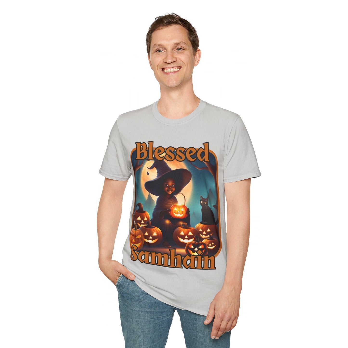 Blessed Samhain Cute Witch ORfont LTcolors Unisex T-Shirt by cypherpunkgear – cypherpunkgear.com | Cypherpunk Merch