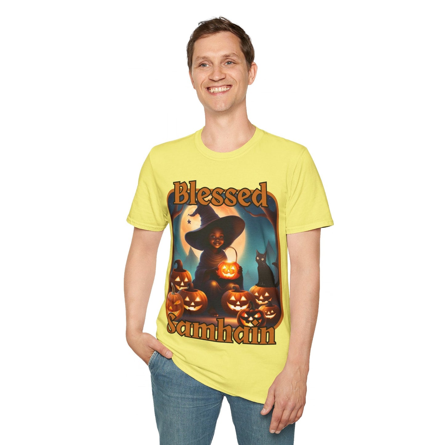 Blessed Samhain Cute Witch ORfont LTcolors Unisex T-Shirt by cypherpunkgear – cypherpunkgear.com | Cypherpunk Merch