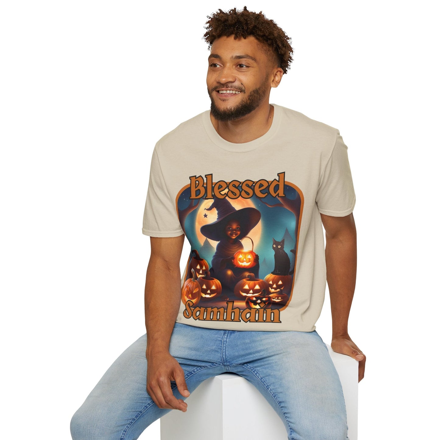 Blessed Samhain Cute Witch ORfont LTcolors Unisex T-Shirt by cypherpunkgear – cypherpunkgear.com | Cypherpunk Merch