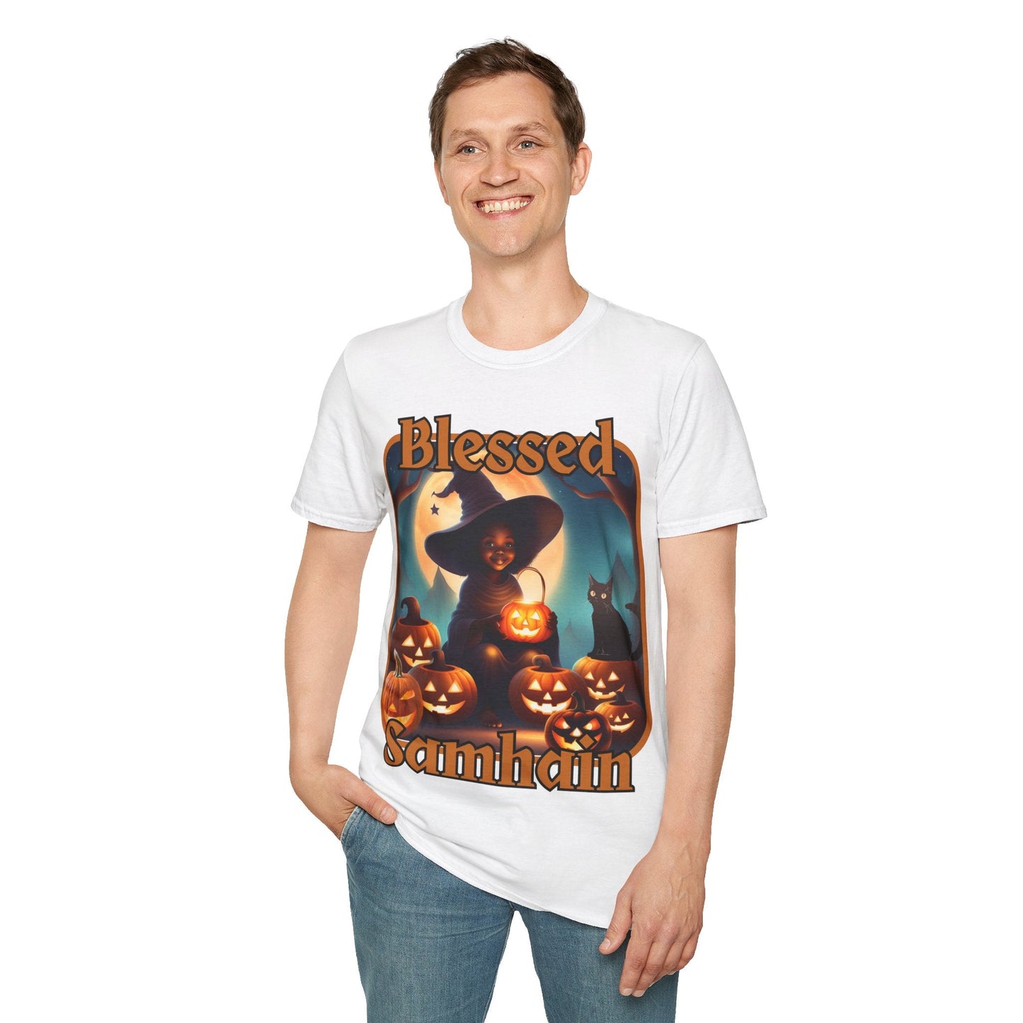 Blessed Samhain Cute Witch ORfont LTcolors Unisex T-Shirt by cypherpunkgear – cypherpunkgear.com | Cypherpunk Merch